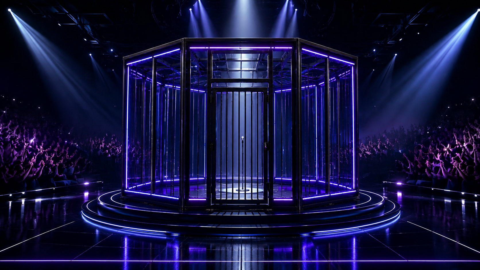 The Cage stage under purple and blue lights with a live audience