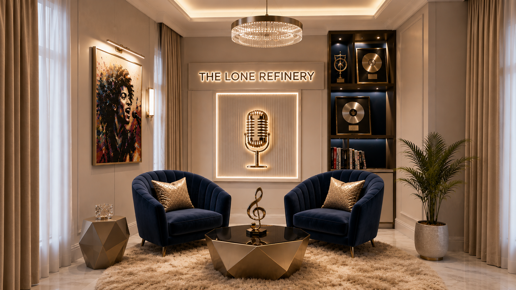 Ante room lounge with gold microphone wall feature