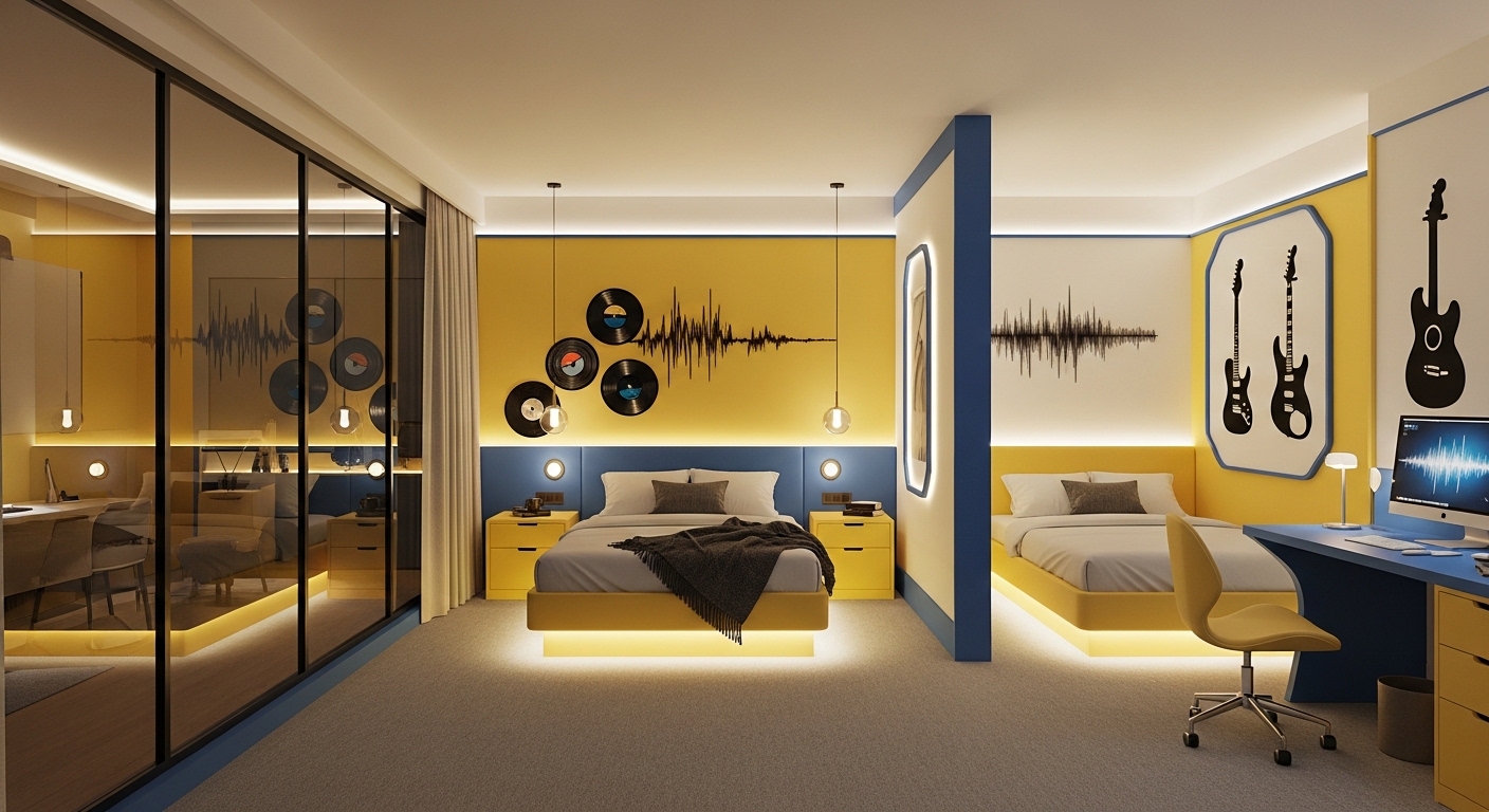 Yellow and blue artist bedroom with guitar wall art