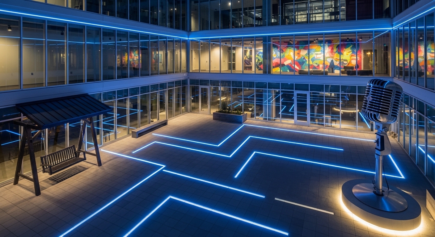 Courtyard with neon floor lines and microphone sculpture