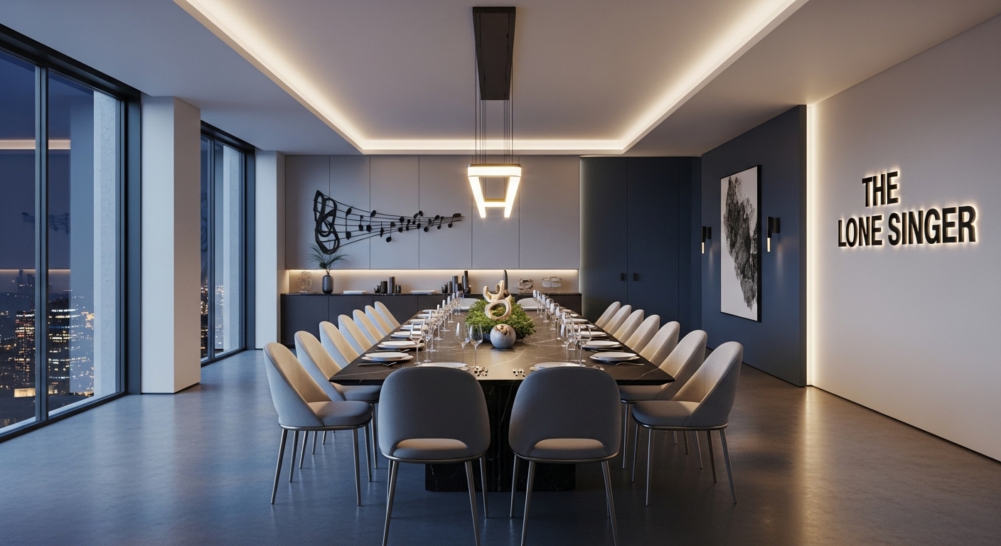 Formal dining room overlooking the city at night