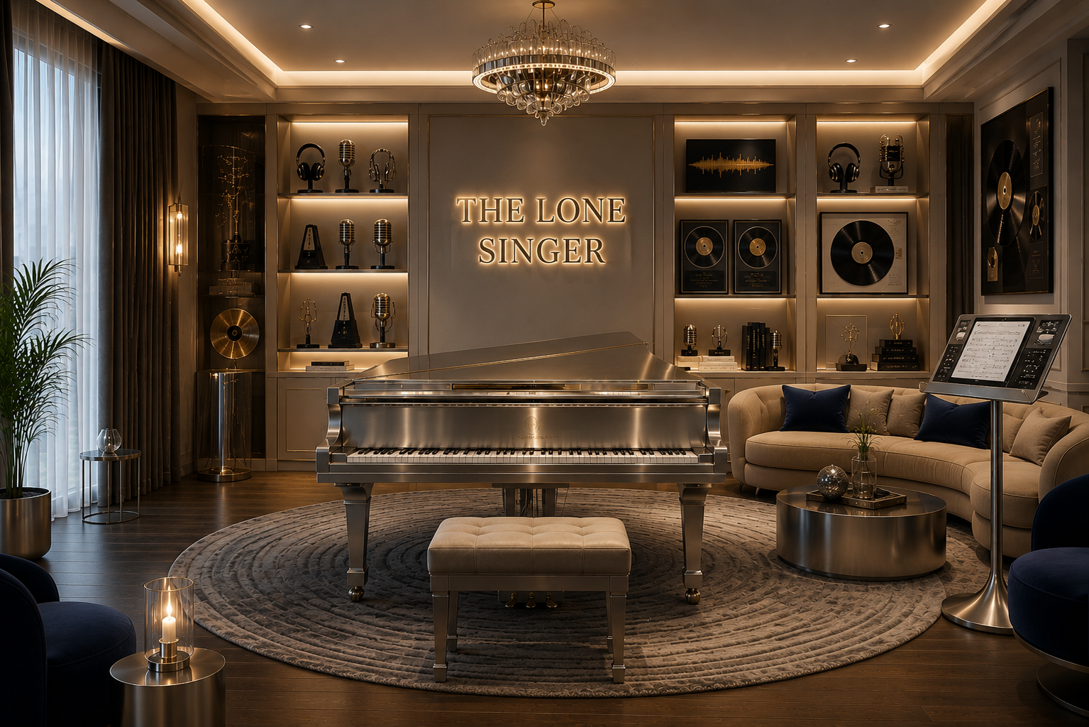 Keynote room with grand piano and music memorabilia