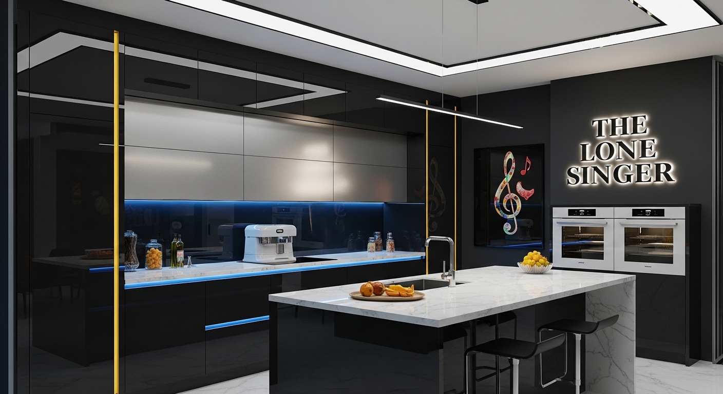 Modern kitchen with THE LONE SINGER wall sign