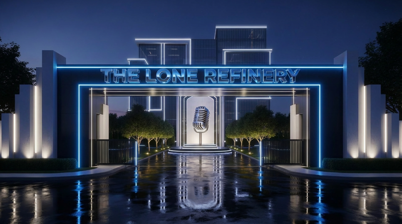 Main gate of The Lone Refinery at night