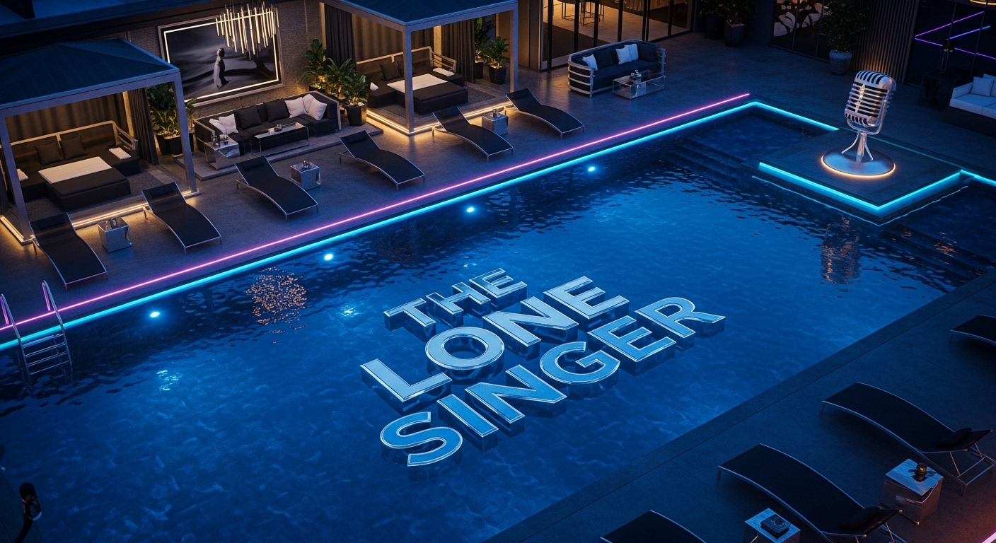 Night pool area with THE LONE SINGER lettering in the water