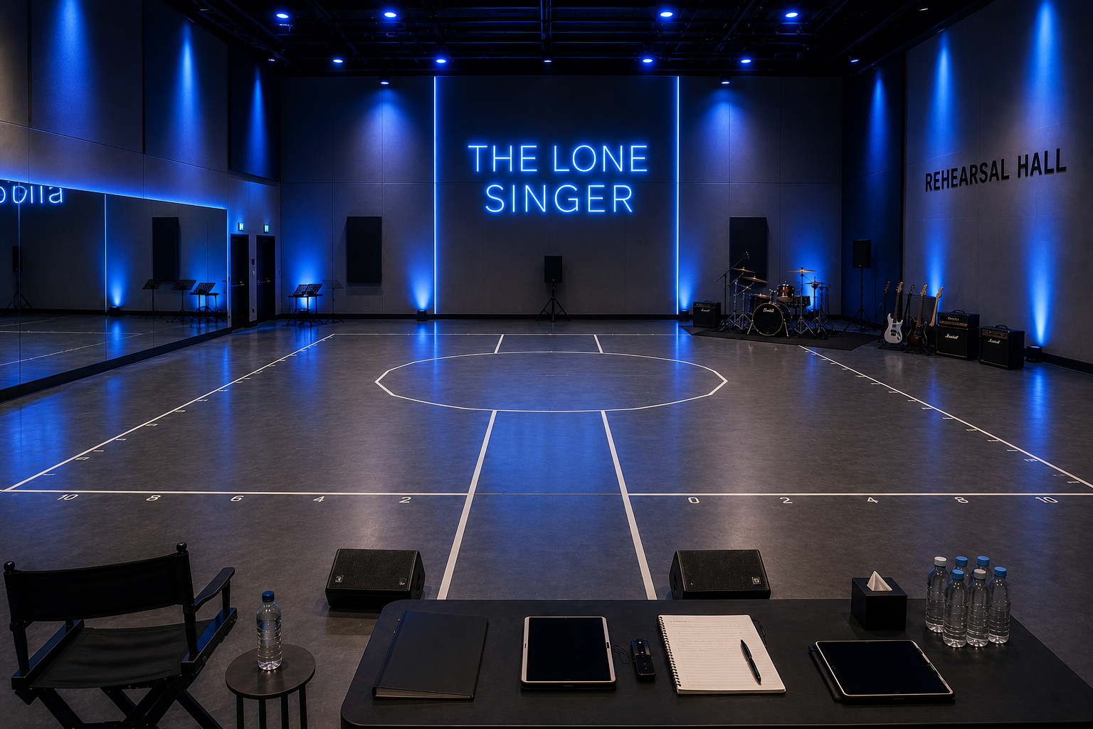 Rehearsal hall with blue stage lighting